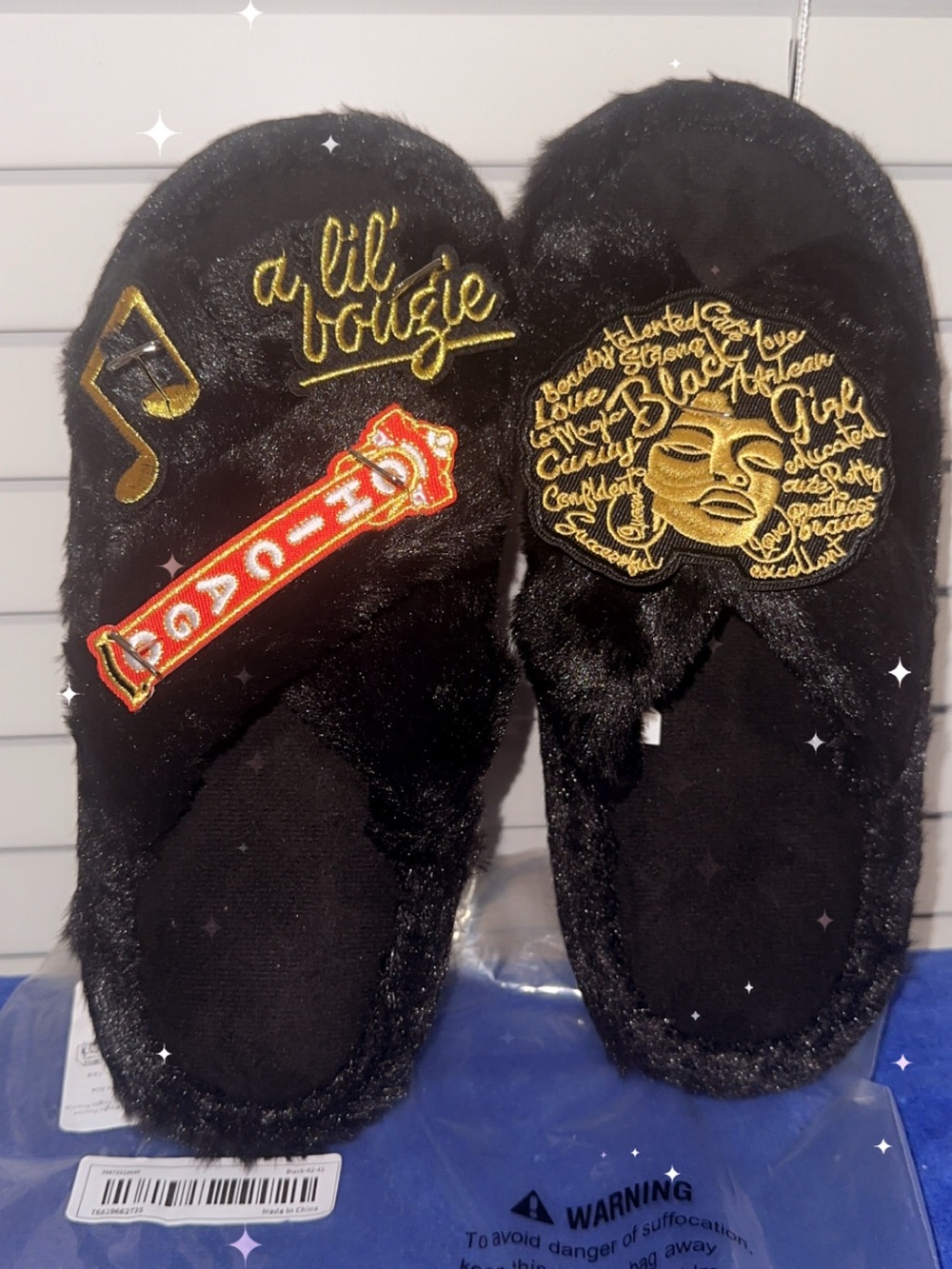 Black Faux-Fur Women's Slide Slippers with Gold Embroidered Accents